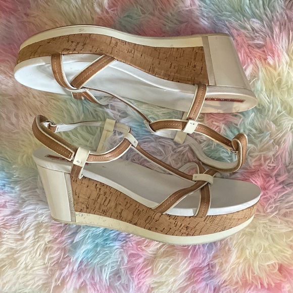 White Prada Sport Wedges with Cork Heel - Picture 4 of 15